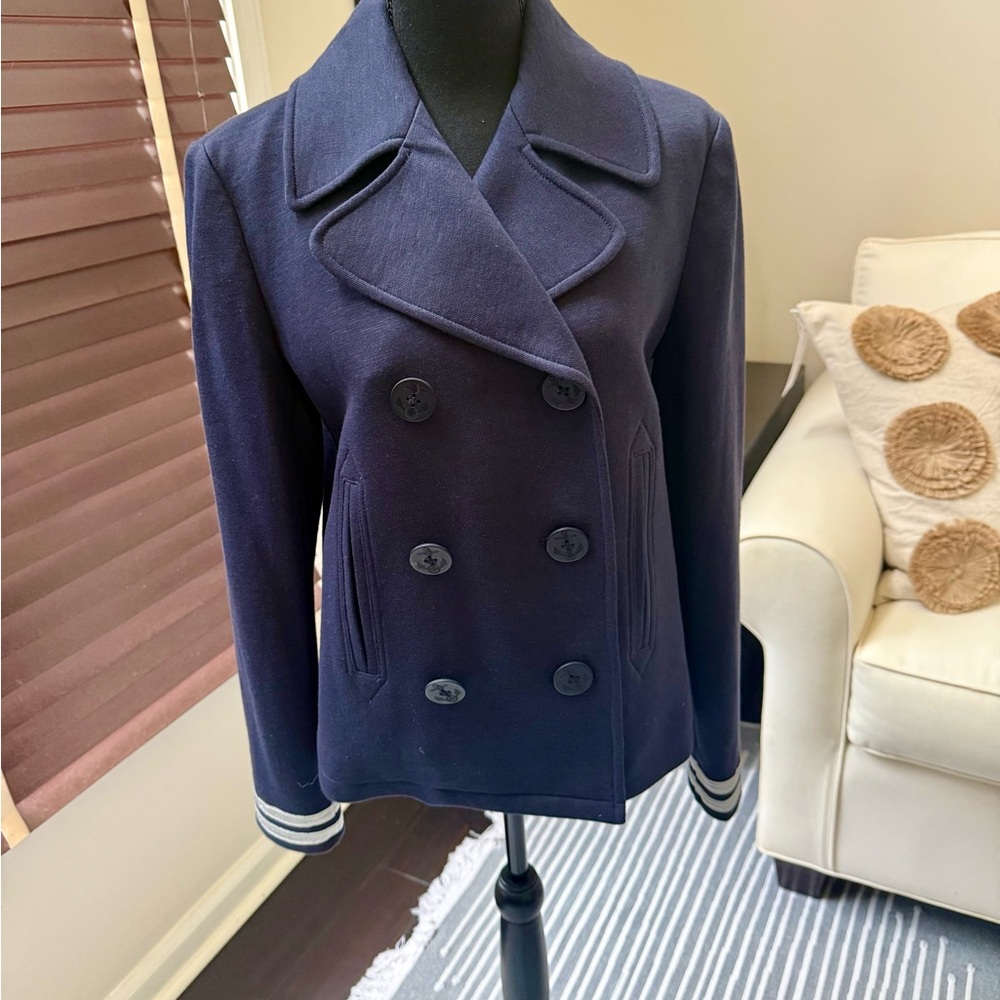 Ralph Lauren Navy Wool-Blend Striped Cuff Pea Coat